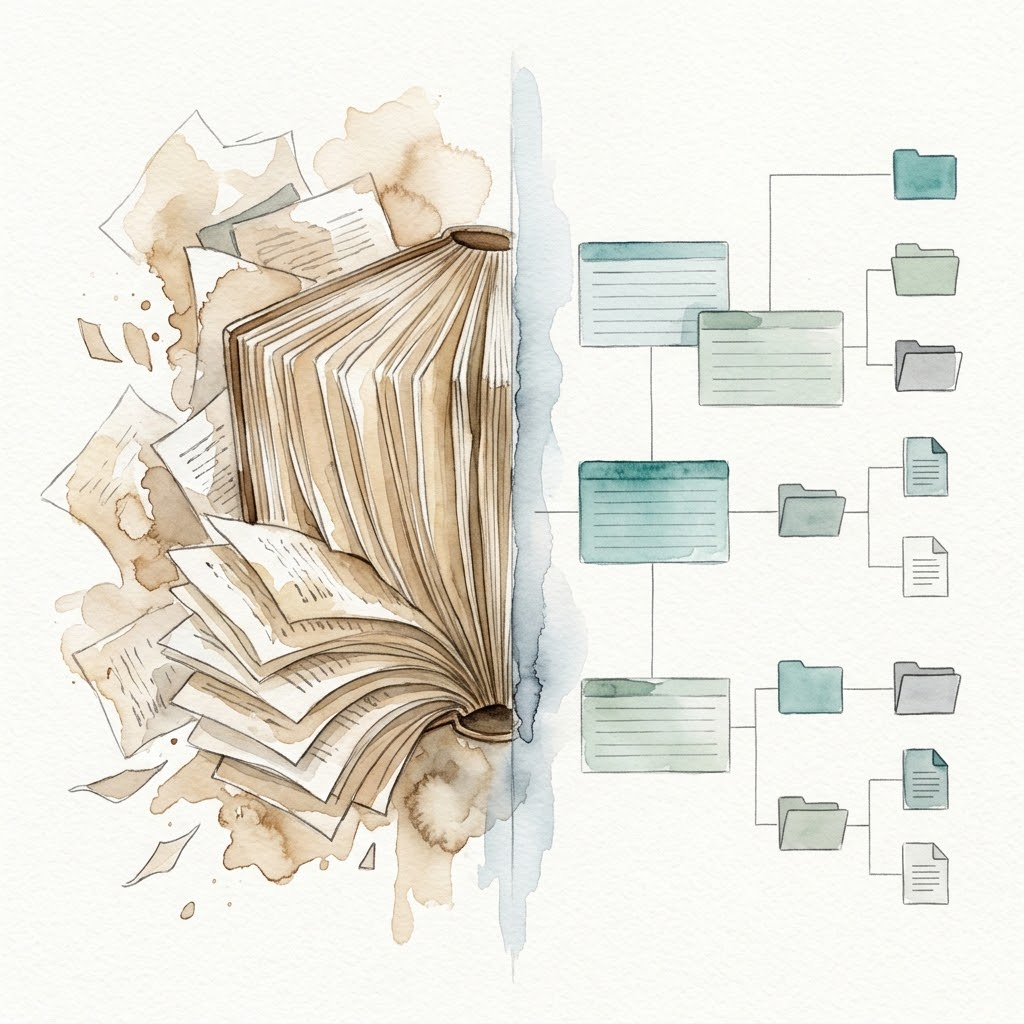 Table of contents vs encyclopedia: bloated uncontrolled documentation on the left, streamlined efficient index cards on the right